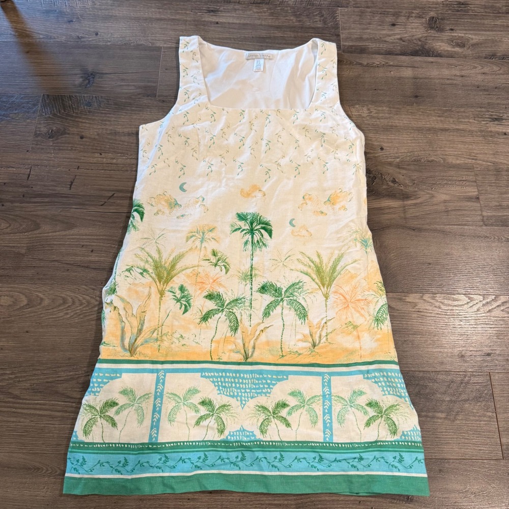 London Times Linen Blend Tropical Palm Tree Print Square Neck Shift Dress Size 8